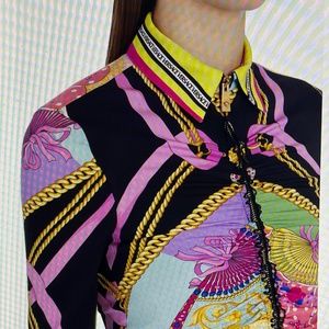 Ventagli Fan Print Long Sleeve Stretch Silk Shirtdress